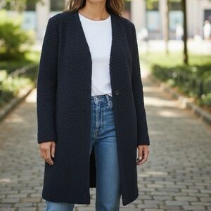 👛(ANY 2/$25) JOE FRESH Unlined Midi Blue Collarless Jacket Small